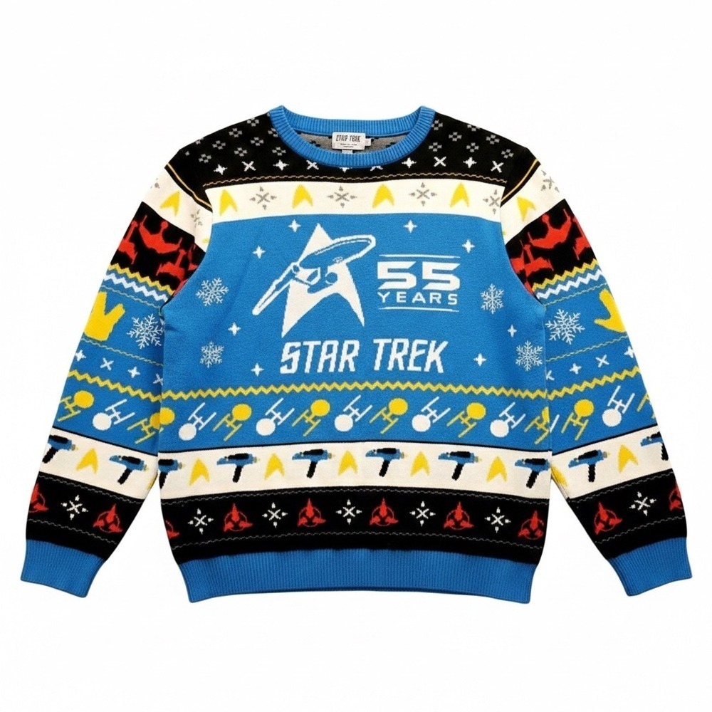 Star Trek 55 Years Anniversary Ugly Christmas Sweater Blue Live Long Prosper 2XL